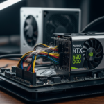 High-performance NVIDIA RTX 5090 GPU installed in a small form factor PC using a premium PCIe 5.0 riser cable.
