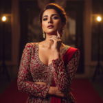 A stunning portrait of Wamiqa Gabbi posing elegantly in a contemporary ethnic outfit, highlighting her expressive eyes and graceful demeanor.