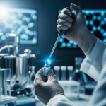 HIV vaccine research laboratory showing a microscope and scientific data on a screen representing primate study primates study results