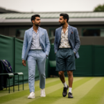 Indian cricketers Vaibhav Sooryavanshi and Abhishek Sharma posing in formal suits at the Wimbledon tennis tournament