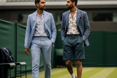 Indian cricketers Vaibhav Sooryavanshi and Abhishek Sharma posing in formal suits at the Wimbledon tennis tournament
