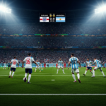 England and Argentina football fans cheering in a packed stadium during a World Cup match with tickets in hand.