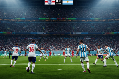 England and Argentina football fans cheering in a packed stadium during a World Cup match with tickets in hand.
