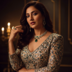 A glamorous and sophisticated portrait of actress Wamiqa Gabbi wearing a vintage-style elegant outfit with expressive eyes and a radiant smile.