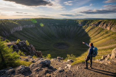 Aerial satellite imagery of a massive circular meteor impact crater in the Quebec wilderness discovered by a hiker.
