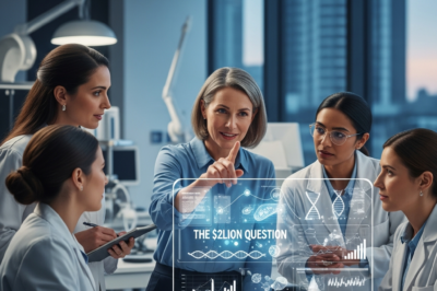 Professional female scientists in a high-tech medical laboratory conducting advanced research into women's health and genetics.