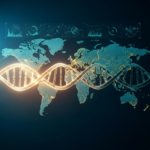 A digital representation of diverse human DNA strands highlighting the genetic variations in Parkinson's disease across global populations.