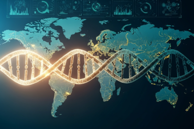 A digital representation of diverse human DNA strands highlighting the genetic variations in Parkinson's disease across global populations.