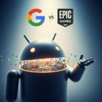 Android logo and Epic Games logo with a shattered glass effect representing the end of the app store monopoly