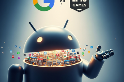 Android logo and Epic Games logo with a shattered glass effect representing the end of the app store monopoly