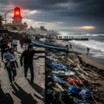 Emergency responders and damaged structures in the aftermath of a major earthquake in Mexico.