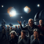 Illustration of massive commercial space mirrors reflecting bright sunlight back to Earth's night side, obscuring stars for astronomers.