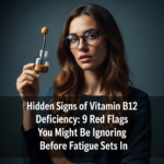 Infographic showing subtle symptoms of Vitamin B12 deficiency such as tingling hands, pale skin, and mouth ulcers.
