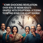 Infographic showing high cholesterol and dyslipidemia statistics in India with medical icons and heart health data.