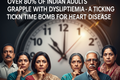 Infographic showing high cholesterol and dyslipidemia statistics in India with medical icons and heart health data.