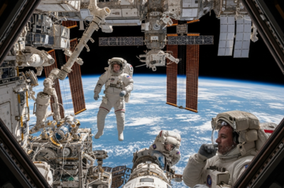 The International Space Station orbiting Earth with solar panels reflecting the sun and the blue curve of the planet visible below.