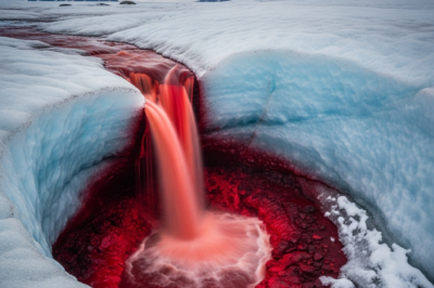 Scientific discovery of Blood Falls in Antarctica showing crimson water flowing from Taylor Glacier