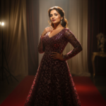 A glamorous and sophisticated portrait of Indian actress Triptii Dimri posing in a stunning designer outfit for a cinematic photoshoot.