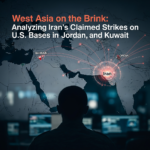 Map of West Asia showing Iran, Bahrain, Jordan, and Kuwait with military symbols indicating conflict zones of conflict and potential conflict
