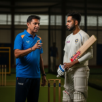 Sunil Joshi coaching young cricketer Vaibhav Sooryavanshi on spin bowling techniques at the Rajasthan Royals training facility.