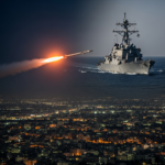 U.S. Navy destroyer patrolling the volatile waters of the Red Sea during a period of heightened Houthi missile threats and maritime blockades.