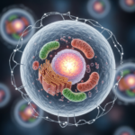 Microscopic visualization of human cell repair mechanisms and glowing DNA strands