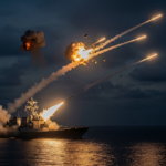 US Navy Arleigh Burke-class destroyer firing an interceptor missile at night to neutralize incoming threats.