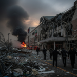 Aerial view of earthquake damage in Japan featuring smoke from a mall explosion and emergency vehicles.