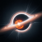 An artistic visualization of a supermassive black hole shredding a star into a glowing trail of gas and plasma.