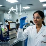 A close-up of a laboratory technician in India processing genetically modified T-cells for cancer therapy in a sterile environment.