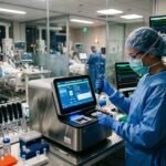 A clinical laboratory technician using a rapid molecular diagnostic machine to analyze pneumonia samples in an ICU setting.