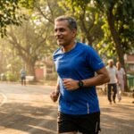 An active senior individual walking briskly in a park, highlighting the health benefits of exercise for stroke prevention in AFib patients.