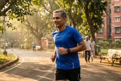 An active senior individual walking briskly in a park, highlighting the health benefits of exercise for stroke prevention in AFib patients.