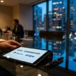 A smartphone displaying the PayPal and Stripe logos against a blurred background of a financial district's glass skyscrapers.