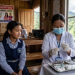 Medical professionals in Zunheboto, Nagaland, administering the HPV vaccine to a schoolgirl during a district-wide public health campaign.