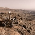 A breathtaking, high-definition panoramic view of Mars from the slopes of Mount Sharp, showing layered geological formations and the distant Gale Crater floor under a dusty orange sky.