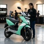 A sleek white and charcoal Ather Konarc electric scooter parked on a modern urban street at sunset, highlighting its sharp design and LED lighting.