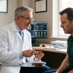 A professional medical oncologist explaining prostate cancer diagnostic data to a patient in a modern clinical setting.