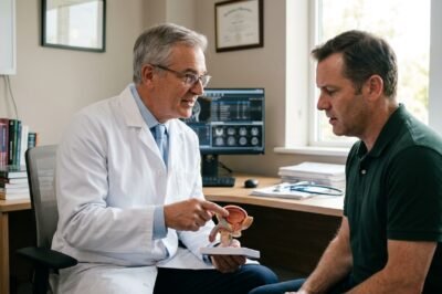 A professional medical oncologist explaining prostate cancer diagnostic data to a patient in a modern clinical setting.