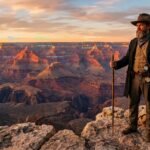A historical reimagining of Major John Wesley Powell standing at the edge of the Grand Canyon with scientific data overlays.