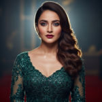 A glamorous and sophisticated portrait of Triptii Dimri wearing a shimmering golden gown, looking directly into the camera with an intense and captivating expression.