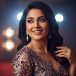 A glamorous and sophisticated portrait of Wamiqa Gabbi wearing a vintage-style designer saree with elegant gold jewelry and intricate traditional jewelry and soft lighting.