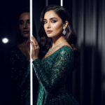 A glamorous and expressive portrait of Wamiqa Gabbi featuring her signature deep eyes, dressed in an elegant contemporary ethnic outfit for a high-fashion editorial shoot.