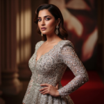 A glamorous and sophisticated portrait of Wamiqa Gabbi in a vintage-style saree, showcasing her expressive eyes and classic Indian beauty.