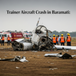 Aerial view of a trainer aircraft wreckage in a Baramati field after a technical failure
