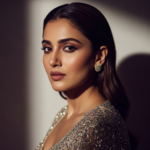 A glamorous and sophisticated portrait of Tripti Dimri in a high-fashion ethnic ensemble, highlighting her radiant smile and expressive eyes.