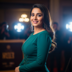 A glamorous and sophisticated portrait of Triptii Dimri wearing an elegant silk saree, featuring soft cinematic lighting and a confident expression.