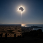 Illustration of the 2026 total solar eclipse path over Europe and North Africa with sun corona visibility map showing partial visibility in North Africa