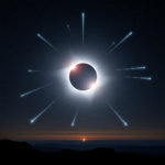 A composite visualization showing a total solar eclipse with a bright Perseid meteor fireball streaking across the darkened sky.