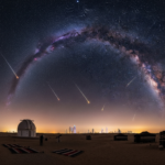 A long exposure photograph of a meteor streak passing over a traditional desert camp in the UAE under a clear starry sky.